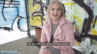 Short haired blonde teen gets picked up at the bus stop for cash