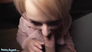 Short haired blonde teen gets picked up at the bus stop for cash