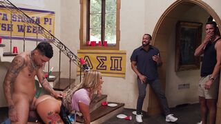 A busty housekeeper gets a rough gangbang and bukkake at a college frat