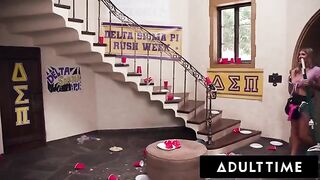 A busty housekeeper gets a rough gangbang and bukkake at a college frat