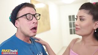 Hot Indian British model licks cum from dork's glasses after he masturbates