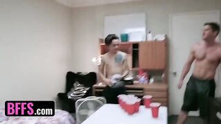 Two roommates fucked by college girls Jessica Rex, Emma Starletto, and Paige Owens in an orgy