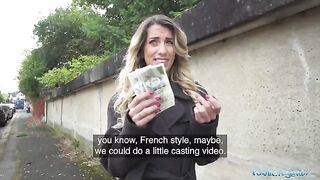 Hot French teacher seduces guy with offer of posing nude for cash in steamy Public Agent scene