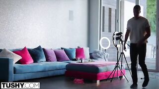 An influencer girl in anal underwear appeared on the camera, captivating the shy cameraman