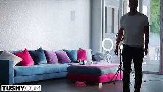 An influencer girl in anal underwear appeared on the camera, captivating the shy cameraman