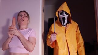 The couple has sex while a scary movie is playing in the background, adding a thrilling twist