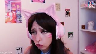 Gamer girl in DVA cosplay masturbates with dildo while playing Overwatch