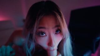 Sexy Asian teen Raya Steele massages my cock with her throat in an intense session