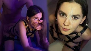 Hot brunette slut gets fucked in a harness and cum on her face