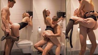 Pervert dude fucks his stepsister in the bathroom wearing a mini dress and stockings