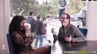 Ebony babe Paris The Muse gets her mouth filled with ten white cocks in a bukkake scene