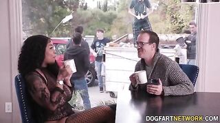 Ebony babe Paris The Muse gets her mouth filled with ten white cocks in a bukkake scene