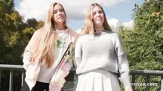 Two hot lesbians try to pose like in the Kama Sutra before getting naked