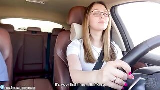 The stepson is learning to drive with his stepmom