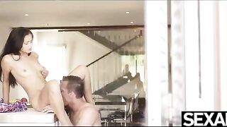 The girl was fucked in the kitchen, right on the table