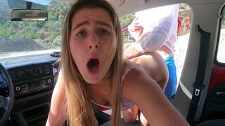 A blonde is getting fucked hard in the car on public parking!