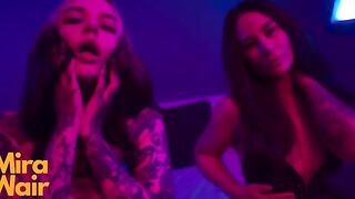 Two submissives are having fun with a man in a rough style
