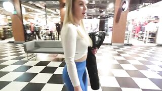 A hot blonde with a big ass fucks in the shopping mall toilet for cash