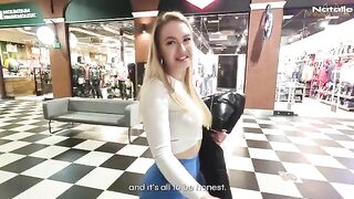A hot blonde with a big ass fucks in the shopping mall toilet for cash