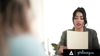 The busty lawyer Vanessa Sky fucks with her client Kayley Gunner