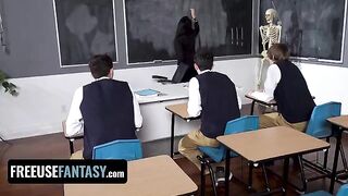 Hot teacher Valentina Nappi fucked by three students in a classroom in a taboo scene