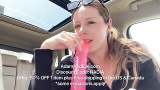 Babe tries out the biggest toy in the backseat of her car!!