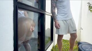 A hot blonde babe shows her phallus to the new neighbor