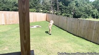 A blonde gets naked in the backyard and has a quickie on the porch