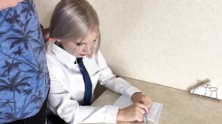 The schoolgirl was fucked by a tutor on the table