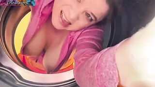 A hot stepmom gets stuck in the washing machine and takes it hard