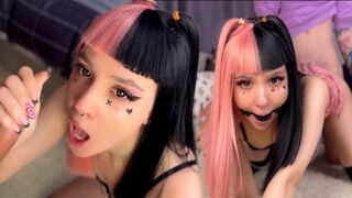 Emo babe with a hot pink hairstyle gets fucked with a gag in her mouth