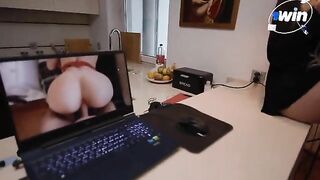 The cute slender girl helps to repair the laptop and receives sensual sex