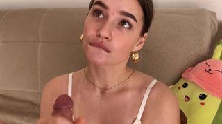 A cute girl made a promise to carefully make a blowjob