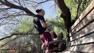 Busty girl almost got caught giving a blowjob by the lake