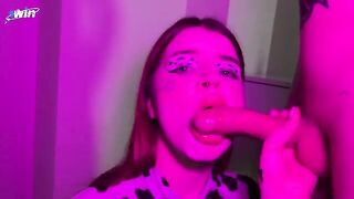 A very sexy cowgirl is feeding you milk and showing her tongue