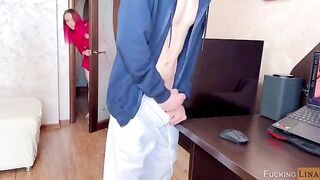 A guy was caught jerking off by his stepsis, who made him cum in her mouth