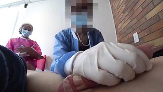 Two wild nurses check a guy's cock strength in a hospital setting