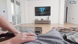 While my parents aren’t home, my stepsister services my big cock in this steamy homemade scene
