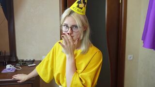 A beautiful woman with glasses got fucked by her stepbrother on her birthday