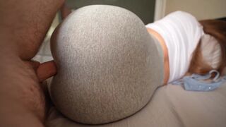 I jerked off, my stepsister caught me and fucked me through her leggings