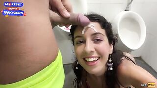 Public blowjob and cumwalk action by the waterfall, bold move!