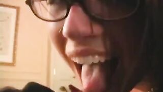 The fool is happy because he has glasses and he was allowed to lick the dick