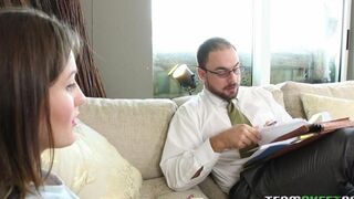 A seductive stepdaughter with a bare pussy fucks her stepfather hard on the couch