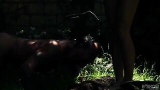Blonde beauty gets fucked in the garden by a mature man