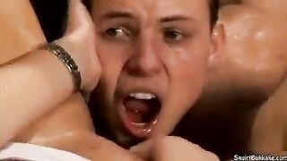 A man made a mess in the mouth of an insatiable woman, a real Bukakke scene