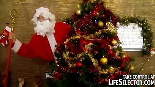Delicious Russian whore serves five guys in Santa suits