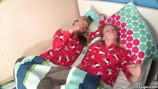 Two sisters decided to help the guy out by jerking his cock