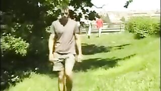 A man in the hayloft masturbates his big cock with his free hand