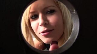 Blonde blows a guy through the hole in the toilet bowl