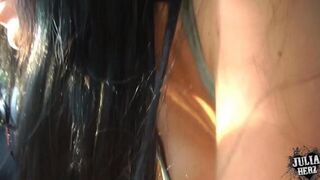 Blonde girl gives a blowjob in her car